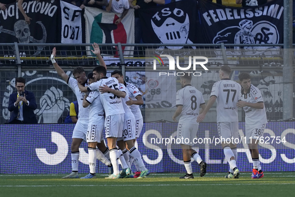 Francesco Pio Esposito of Spezia Calcio celebrates with team mates after scoring during the Serie B match between SS Juve Stabia and Spezia...