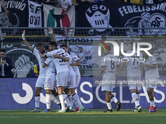 Francesco Pio Esposito of Spezia Calcio celebrates with team mates after scoring during the Serie B match between SS Juve Stabia and Spezia...