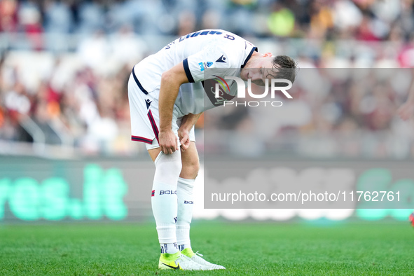 Sam Beukema of Bologna FC looks on during the Serie A Enilive match between AS Roma and Bologna FC at Stadio Olimpico on November 10, 2024 i...