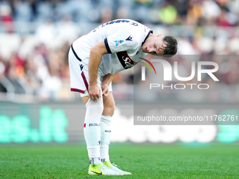 Sam Beukema of Bologna FC looks on during the Serie A Enilive match between AS Roma and Bologna FC at Stadio Olimpico on November 10, 2024 i...