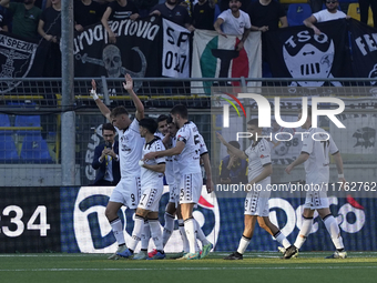 Francesco Pio Esposito of Spezia Calcio celebrates with team mates after scoring during the Serie B match between SS Juve Stabia and Spezia...