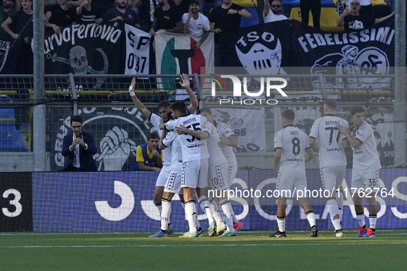 Francesco Pio Esposito of Spezia Calcio celebrates with team mates after scoring during the Serie B match between SS Juve Stabia and Spezia...