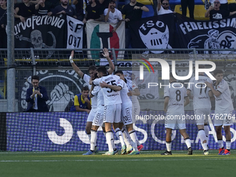 Francesco Pio Esposito of Spezia Calcio celebrates with team mates after scoring during the Serie B match between SS Juve Stabia and Spezia...