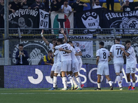 Francesco Pio Esposito of Spezia Calcio celebrates with team mates after scoring during the Serie B match between SS Juve Stabia and Spezia...