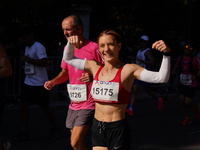 A participant in the Athens Marathon in Athens, Greece, on November 10, 2024, during her race (