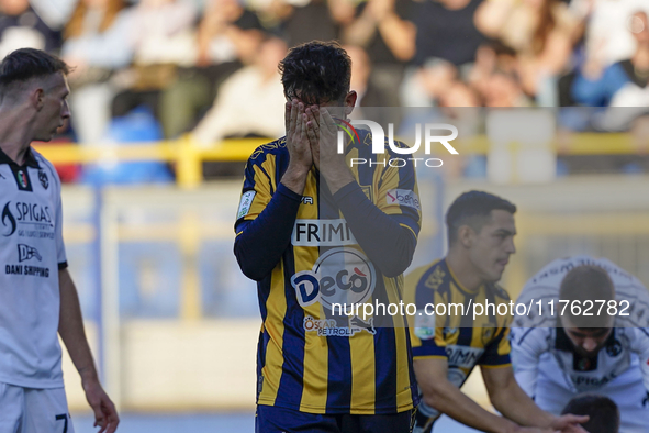 Andrea Adorante of SS Juve Stabia looks dejected during the Serie B match between SS Juve Stabia and Spezia Calcio at Stadio Romeo Menti Cas...