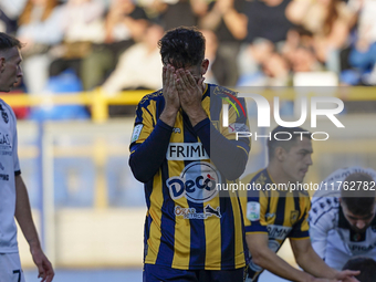 Andrea Adorante of SS Juve Stabia looks dejected during the Serie B match between SS Juve Stabia and Spezia Calcio at Stadio Romeo Menti Cas...