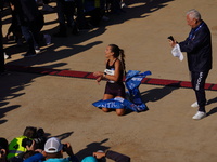 The first female marathon runner, Stefania Noula, finishes the Athens Marathon in Athens, Greece, on November 10, 2024 (