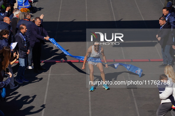 Charalampos Pitsolis finishes in first place for the Athens Marathon in Athens, Greece, on November 10, 2024 