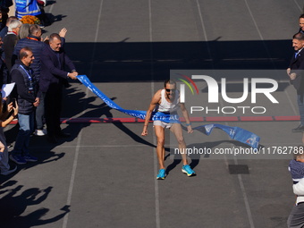 Charalampos Pitsolis finishes in first place for the Athens Marathon in Athens, Greece, on November 10, 2024 (