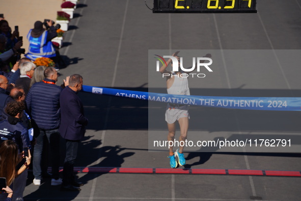 Charalampos Pitsolis finishes in first place for the Athens Marathon in Athens, Greece, on November 10, 2024 