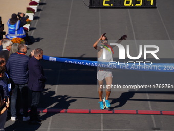 Charalampos Pitsolis finishes in first place for the Athens Marathon in Athens, Greece, on November 10, 2024 (