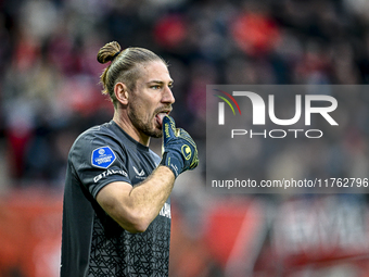 FC Twente goalkeeper Lars Unnerstall plays during the match between Twente and Ajax at the Grolsch Veste stadium for the Dutch Eredivisie se...