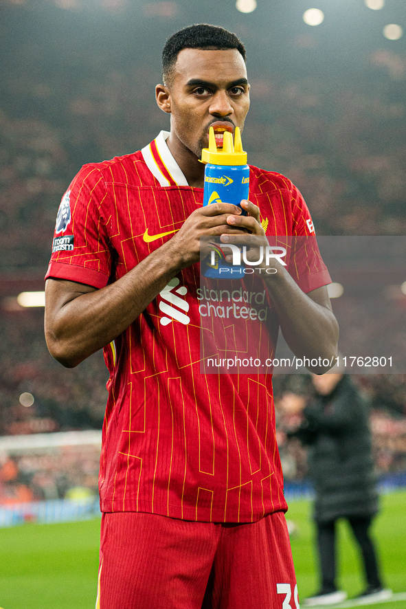 Ryan Gravenberch of Liverpool plays during the Premier League match between Liverpool and Aston Villa at Anfield in Liverpool, England, on N...