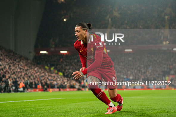 Liverpool's Darwin Nunez is in action during the Premier League match between Liverpool and Aston Villa at Anfield in Liverpool, England, on...