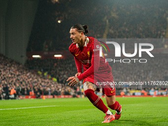 Liverpool's Darwin Nunez is in action during the Premier League match between Liverpool and Aston Villa at Anfield in Liverpool, England, on...