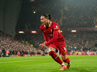 Liverpool's Darwin Nunez is in action during the Premier League match between Liverpool and Aston Villa at Anfield in Liverpool, England, on...