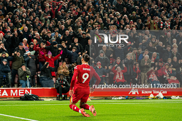 Liverpool's Darwin Nunez celebrates after scoring their first goal during the Premier League match between Liverpool and Aston Villa at Anfi...