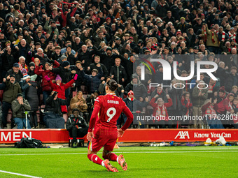 Liverpool's Darwin Nunez celebrates after scoring their first goal during the Premier League match between Liverpool and Aston Villa at Anfi...