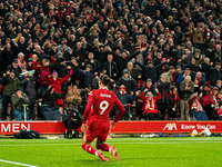 Liverpool's Darwin Nunez celebrates after scoring their first goal during the Premier League match between Liverpool and Aston Villa at Anfi...