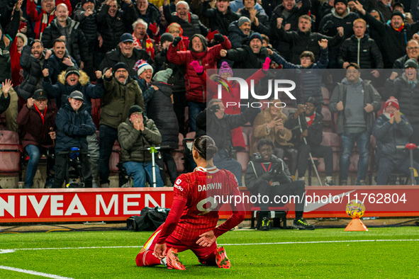 Liverpool's Darwin Nunez celebrates after scoring their first goal during the Premier League match between Liverpool and Aston Villa at Anfi...