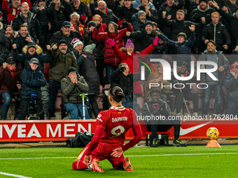 Liverpool's Darwin Nunez celebrates after scoring their first goal during the Premier League match between Liverpool and Aston Villa at Anfi...