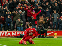 Liverpool's Darwin Nunez celebrates after scoring their first goal during the Premier League match between Liverpool and Aston Villa at Anfi...