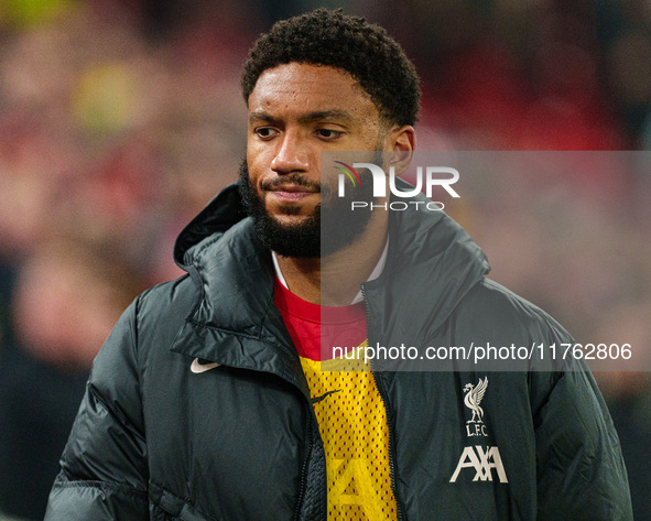 Liverpool's Joe Gomez participates in the Premier League match between Liverpool and Aston Villa at Anfield in Liverpool, England, on Novemb...