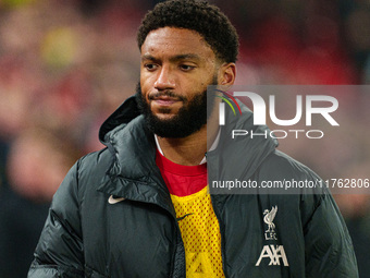 Liverpool's Joe Gomez participates in the Premier League match between Liverpool and Aston Villa at Anfield in Liverpool, England, on Novemb...