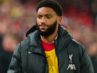 Liverpool's Joe Gomez participates in the Premier League match between Liverpool and Aston Villa at Anfield in Liverpool, England, on Novemb...