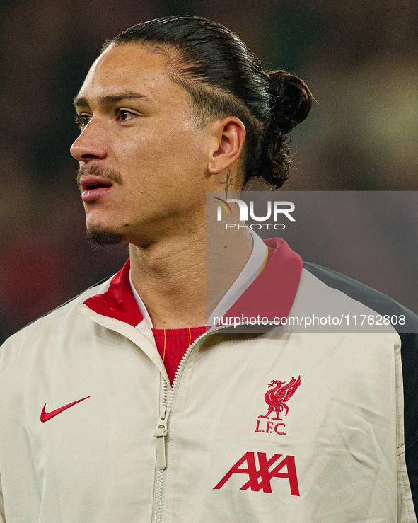 Darwin Nunez plays during the Premier League match between Liverpool and Aston Villa at Anfield in Liverpool, England, on November 9, 2024. 