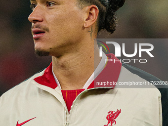 Darwin Nunez plays during the Premier League match between Liverpool and Aston Villa at Anfield in Liverpool, England, on November 9, 2024....