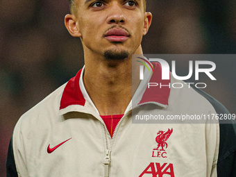 Trent Alexander-Arnold plays during the Premier League match between Liverpool and Aston Villa at Anfield in Liverpool, England, on November...