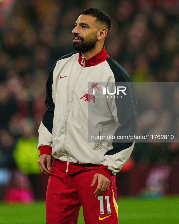 Mohamed Salah of Liverpool plays during the Premier League match between Liverpool and Aston Villa at Anfield in Liverpool, England, on Nove...