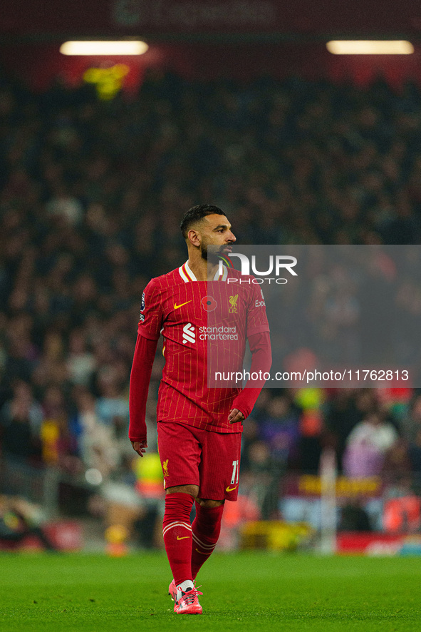 Mohamed Salah plays during the Premier League match between Liverpool and Aston Villa at Anfield in Liverpool, England, on November 9, 2024....