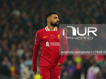 Mohamed Salah plays during the Premier League match between Liverpool and Aston Villa at Anfield in Liverpool, England, on November 9, 2024....