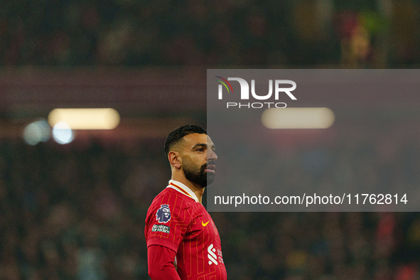 Mohamed Salah plays during the Premier League match between Liverpool and Aston Villa at Anfield in Liverpool, England, on November 9, 2024....