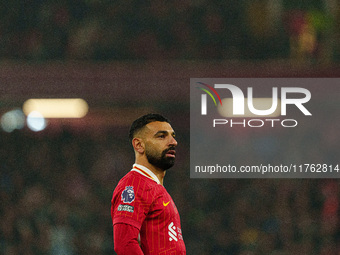 Mohamed Salah plays during the Premier League match between Liverpool and Aston Villa at Anfield in Liverpool, England, on November 9, 2024....