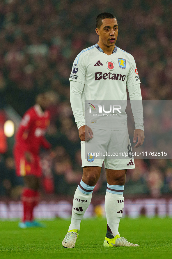 Youri Tielemans of Aston Villa plays during the Premier League match between Liverpool and Aston Villa at Anfield in Liverpool, England, on...