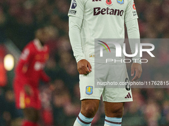 Youri Tielemans of Aston Villa plays during the Premier League match between Liverpool and Aston Villa at Anfield in Liverpool, England, on...