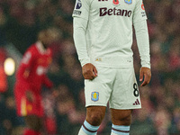 Youri Tielemans of Aston Villa plays during the Premier League match between Liverpool and Aston Villa at Anfield in Liverpool, England, on...