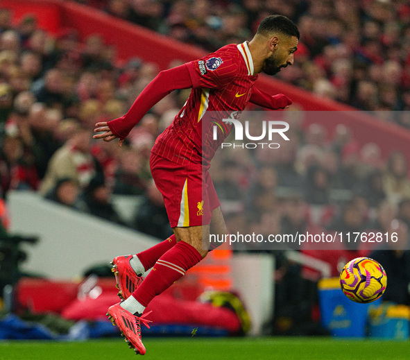 Liverpool's Mohamed Salah is in action during the Premier League match between Liverpool and Aston Villa at Anfield in Liverpool, England, o...