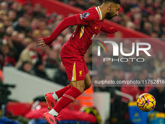 Liverpool's Mohamed Salah is in action during the Premier League match between Liverpool and Aston Villa at Anfield in Liverpool, England, o...