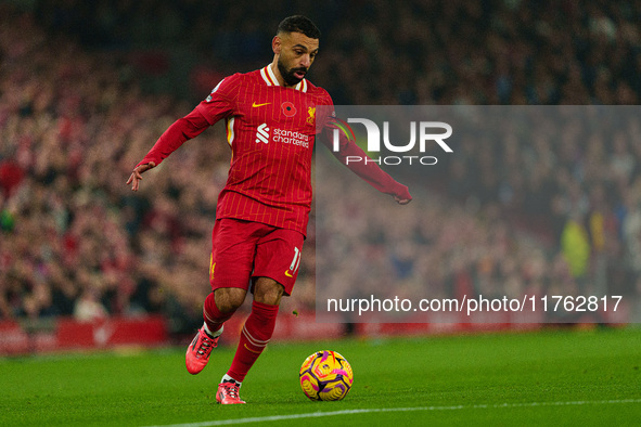 Liverpool's Mohamed Salah is in action during the Premier League match between Liverpool and Aston Villa at Anfield in Liverpool, England, o...