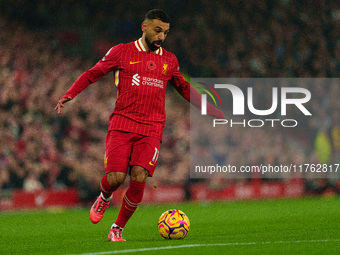 Liverpool's Mohamed Salah is in action during the Premier League match between Liverpool and Aston Villa at Anfield in Liverpool, England, o...