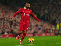 Liverpool's Mohamed Salah is in action during the Premier League match between Liverpool and Aston Villa at Anfield in Liverpool, England, o...