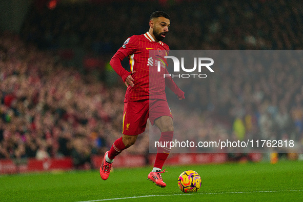 Liverpool's Mohamed Salah is in action during the Premier League match between Liverpool and Aston Villa at Anfield in Liverpool, England, o...