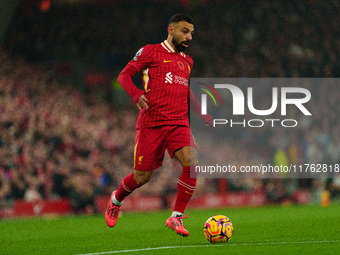 Liverpool's Mohamed Salah is in action during the Premier League match between Liverpool and Aston Villa at Anfield in Liverpool, England, o...