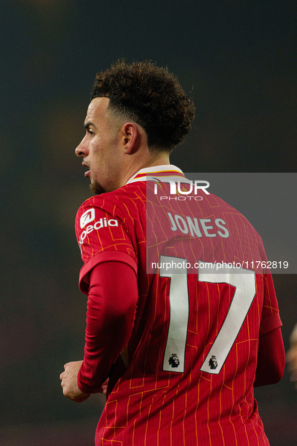 Liverpool's Curtis Jones participates in the Premier League match between Liverpool and Aston Villa at Anfield in Liverpool, England, on Nov...