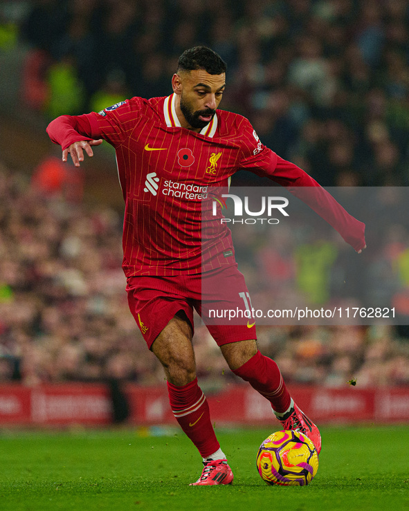 Mohamed Salah of Liverpool plays during the Premier League match between Liverpool and Aston Villa at Anfield in Liverpool, England, on Nove...